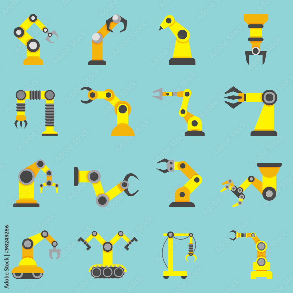 Naklejka premium Robotic Arm Flat Yellow Icons Set