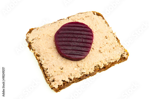 liver paste and beetroot on rye bread
