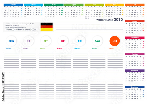 2016 German Week Planner Calendar Vector Design Template