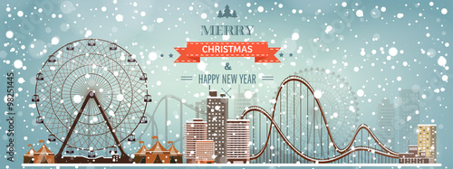 Vector illustration. Ferris wheel. Winter carnival. Christmas, new year. Park with snow