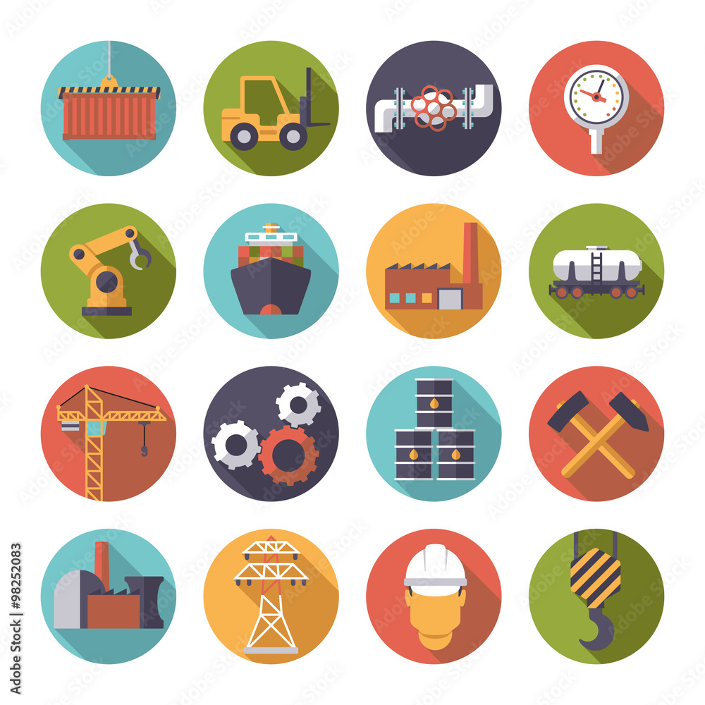 Round industry icons vector set. Collection of 16 flat design industry themed vector icons in circles Round industry icons vector set. Collection of 16 flat design industry themed vector icons in circles