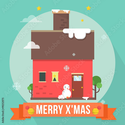Happy House Christmas and Snowman Illustration 