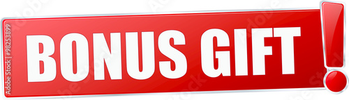 modern red bonus gift vector sign in red with metallic border and a exclamation mark
