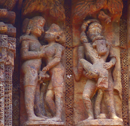 Two love couple. Maithuna. Stone carving, 13 century AD, Surya mandir, Konark, India