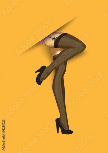 Woman legs in stockings on yellow background. Vector 