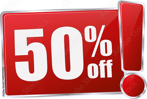 modern red 50% discount vector sign in red with metallic border and a exclamation mark