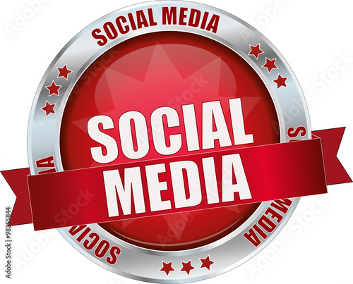 SOCIAL MEDIA / realistic modern round glossy 3D vector eps10 button ( icon / badge / tag ) in dark red with metallic border and a red banderole