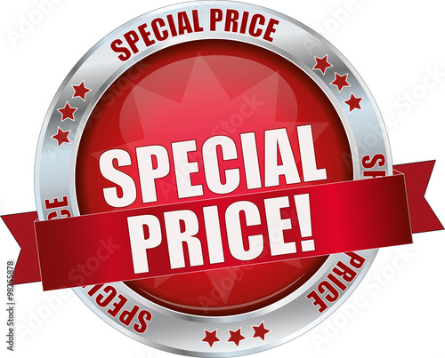 SPECIAL PRICE / realistic modern round glossy 3D vector eps10 button ( icon / badge / tag ) in dark red with metallic border and a red banderole