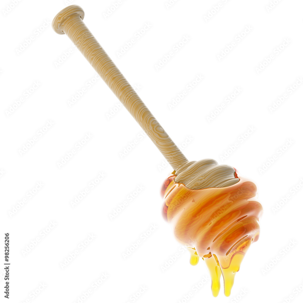 Honey dripping from a wooden honey dipper isolated on white background Honey dripping from a wooden honey dipper isolated on white background