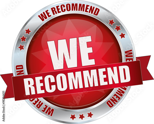 WE RECOMMEND / realistic modern round glossy 3D vector eps10 button ( icon / badge / tag ) in dark red with metallic border and a red banderole