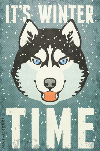 Winter Poster with Husky. Vector illustration, eps10.