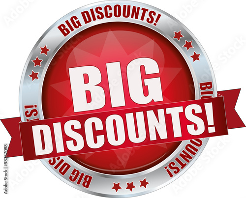 BIG DISCOUNT / realistic modern round glossy 3D vector eps10 button ( icon / badge / tag ) in dark red with metallic border and a red banderole
