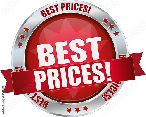 BEST PRICES / realistic modern round glossy 3D vector eps10 button ( icon / badge / tag ) in dark red with metallic border and a red banderole