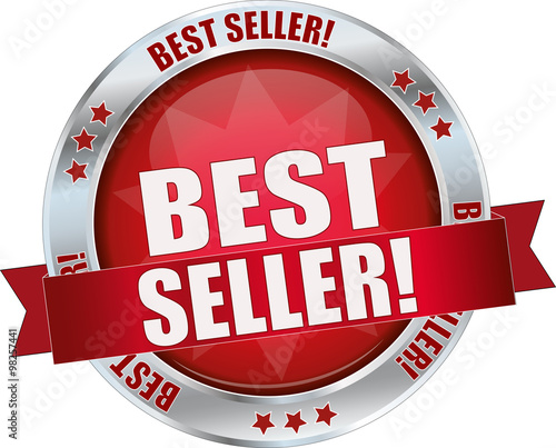 BEST SELLER / realistic modern round glossy 3D vector eps10 button ( icon / badge / tag ) in dark red with metallic border and a red banderole