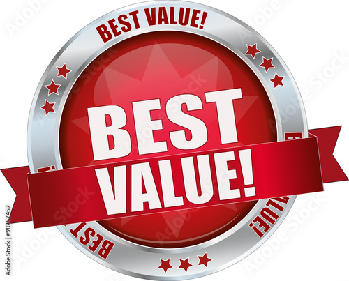 BEST VALUE / realistic modern round glossy 3D vector eps10 button ( icon / badge / tag ) in dark red with metallic border and a red banderole