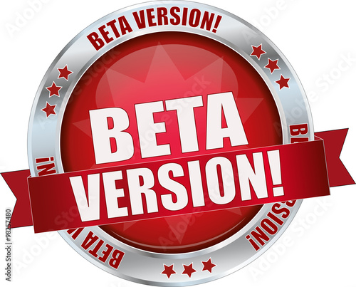 BETA VERSION / realistic modern round glossy 3D vector eps10 button ( icon / badge / tag ) in dark red with metallic border and a red banderole