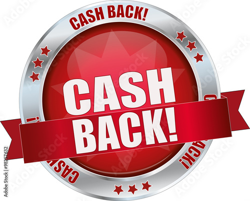 CASH BACK / realistic modern round glossy 3D vector eps10 button ( icon / badge / tag ) in dark red with metallic border and a red banderole