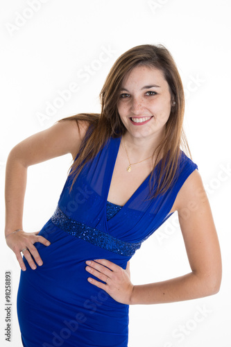 Picture of lovely woman in blue dress isolated