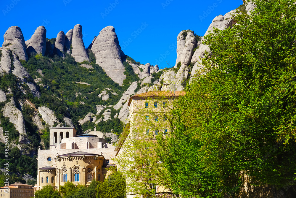 Santa Maria de Montserrat Abbey in Monistrol de Montserrat, Catalonia, Spain. Famous for the Virgin of Montserrat
