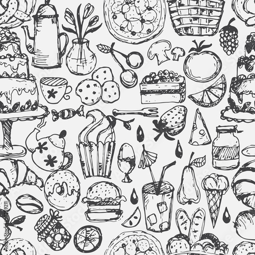 Hand drawn seamless pattern for kitchen theme .Vector