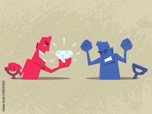 Man found a big gemstone. Other man is envious and angry. Envy and success concept illustration.