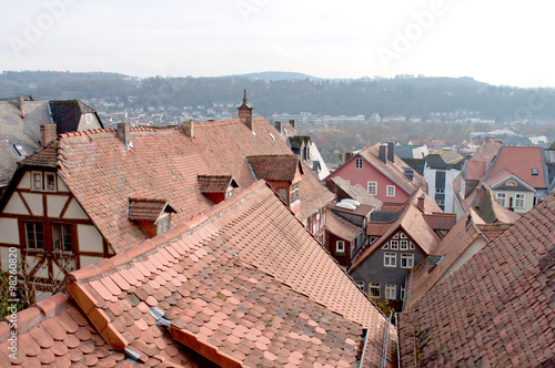 Roofs of half timbered houses in old town. Historical center of Marburg, Germany