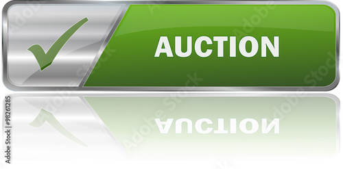 AUCTION / realistic modern glossy 3D vector eps banner in green with metallic border and checkmark