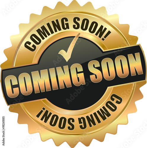 golden shiny vintage coming soon 3D vector icon seal sign button shield star with checkmark