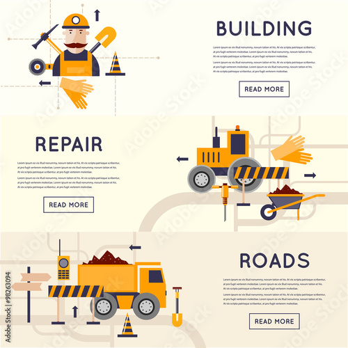 Road construction equipment. Road worker repair of roads. 3 banners. Flat design vector illustrations.