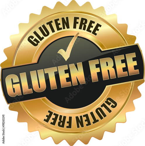 golden shiny vintage gluten free 3D vector icon seal sign button shield star with checkmark