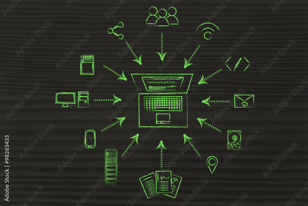 Fototapeta premium laptop downloading files from cloud computing services and other