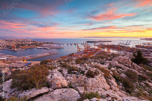 View of Piraeus harbour in Athens from the foothills of Aegaleo mountains photo