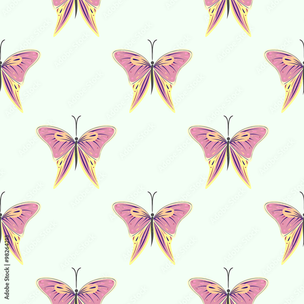 Seamless vector pattern with insects, symmetrical background with colorful butterflies over light backdrop