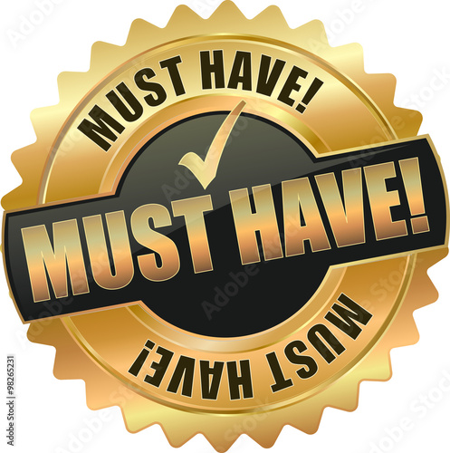 golden shiny vintage must have 3D vector icon seal sign button shield star with checkmark