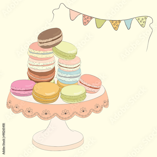 Set of colorful doodle macaroon on plate. Sketch macaroon.