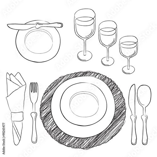 Vector table setting. White and clear tableware and eating utensils