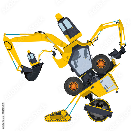 Bizarre machine robot build from ground works yellow vehicles Construction and Equipment for building Truck Digger Crane Forklift Small Bagger Mix Roller Extravator Transportation - Master vector