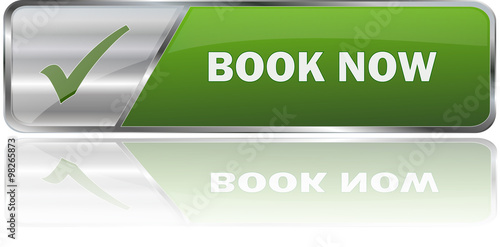 BOOK NOW / realistic modern glossy 3D vector eps banner in green with metallic border and checkmark