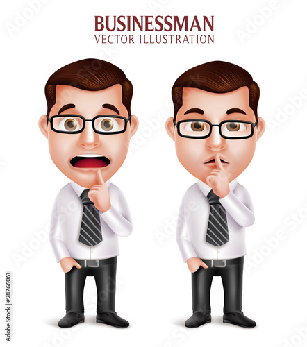 Set of 3D Realistic Professional Business Man Character in Silent Gesture and Worried Isolated in White Background. Vector Illustration
