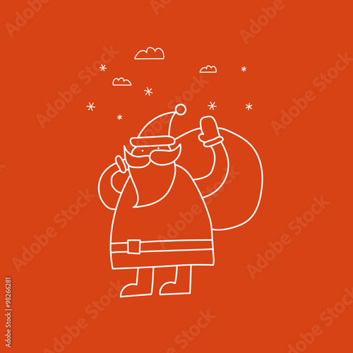 Doodle Merry Christmas and Happy New Year Santa carries a bag with gifts.