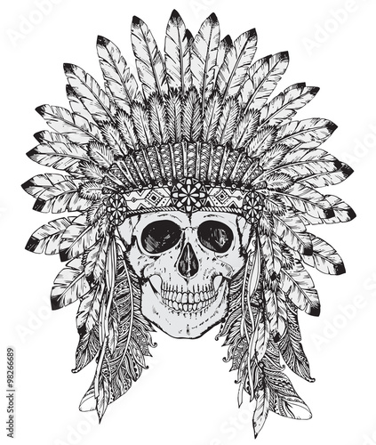 Hand drawn vector illustration of Indian headdress with skull