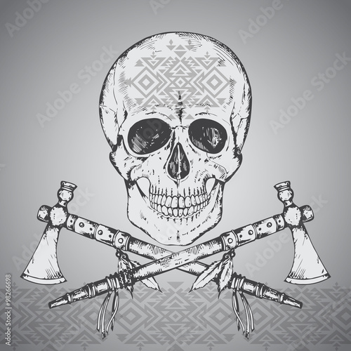 Hand drawn illustration of human skull, two tomahawks 