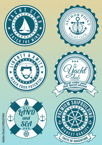 Set of beautiful colored yacht club and sea theme round badges isolated on gradient background. Collection of elements for company logos, print products, page and web decor or other design.