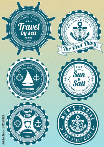 Set of beautiful colored yacht club and sea theme round badges isolated on gradient background. Collection of elements for company logos, print products, page and web decor or other design.