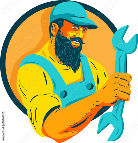 Bearded Mechanic Holding Spanner Circle WPA