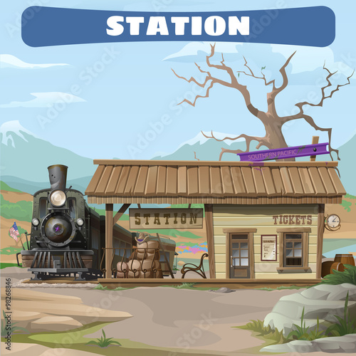 Station and train of the 19th century in Wild West