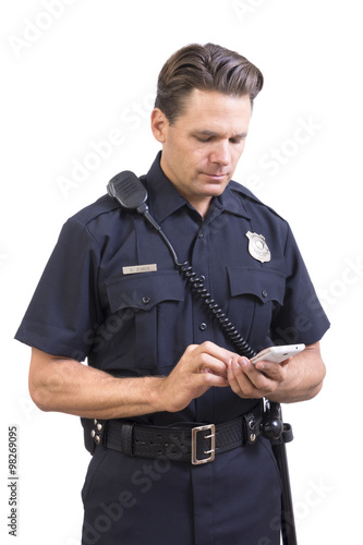 Police officer using cell phone
