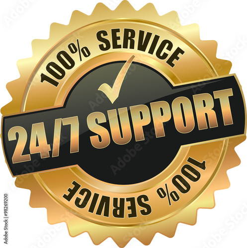 golden shiny vintage 24/7 support 3D vector icon seal sign button star with checkmark