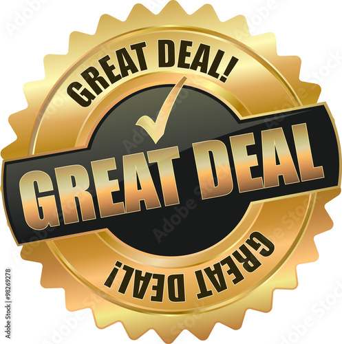 golden shiny vintage great deal 3D vector / icon seal sign button shield star with checkmark