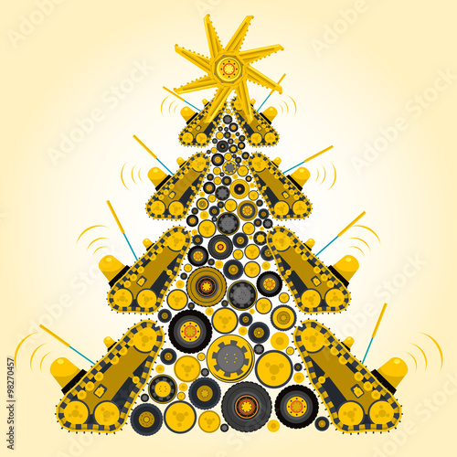 Bizarre machine Christmas tree build from ground works yellow vehicles Construction and Equipment for building Forklift Small Bagger Mix Roller Extravator Transportation - Master vector